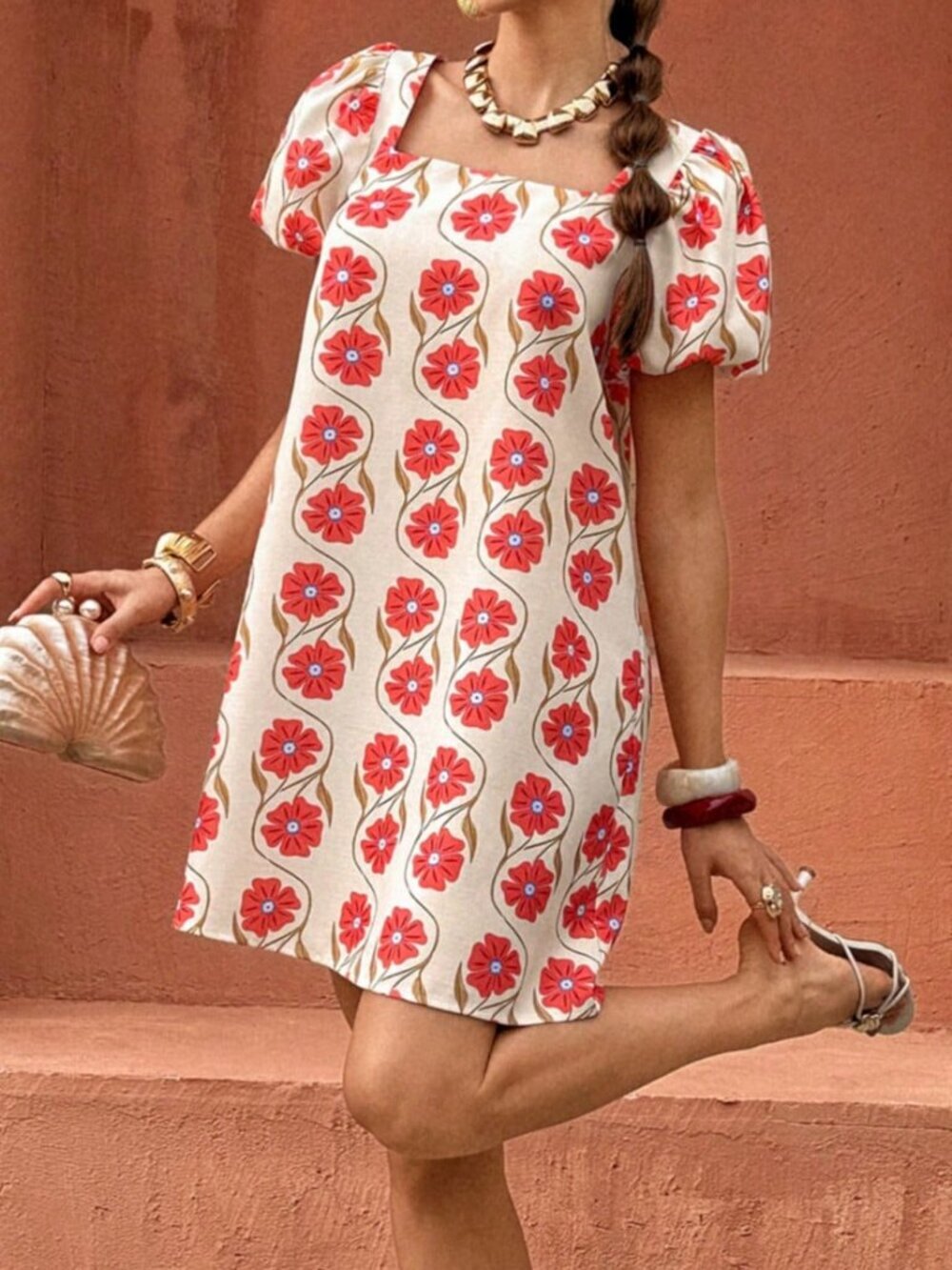 Red Boho Women's Floral Print Square Neck Petal Sleeve Mini Dress